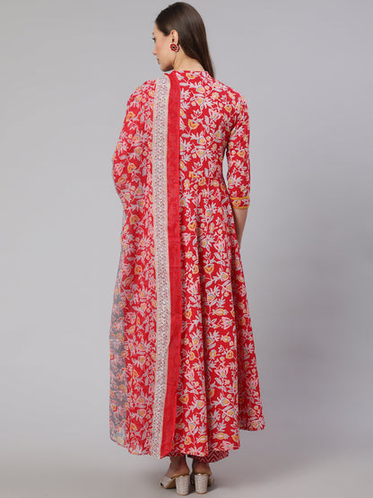 Cotton Printed Ankle Length Flared 3/4 Sleeve Mandarin Neck Kurta, Pants With Dupatta Set