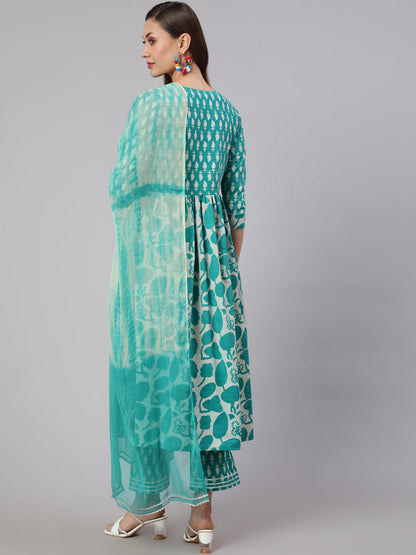Cotton Printed Ankle Length Flared 3/4 Sleeve V Neck Kurta, Pants With Dupatta Set