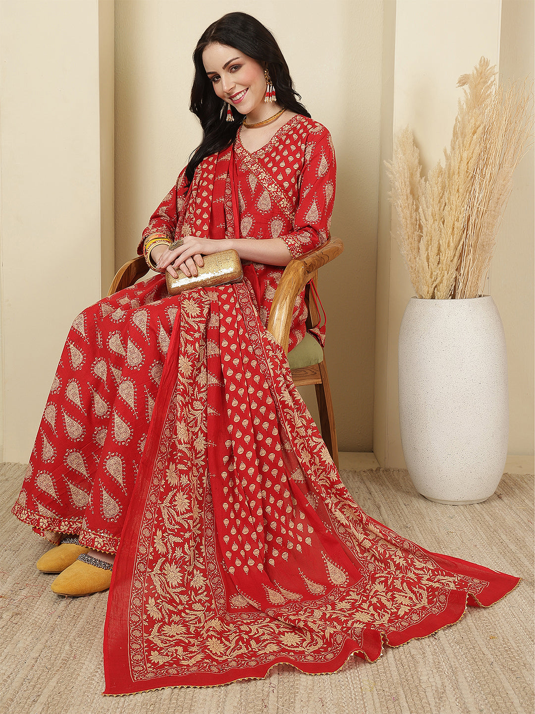 Women Cotton Printed Calf Length V-Neck Anarkali Kurta, Pants With Dupatta Set