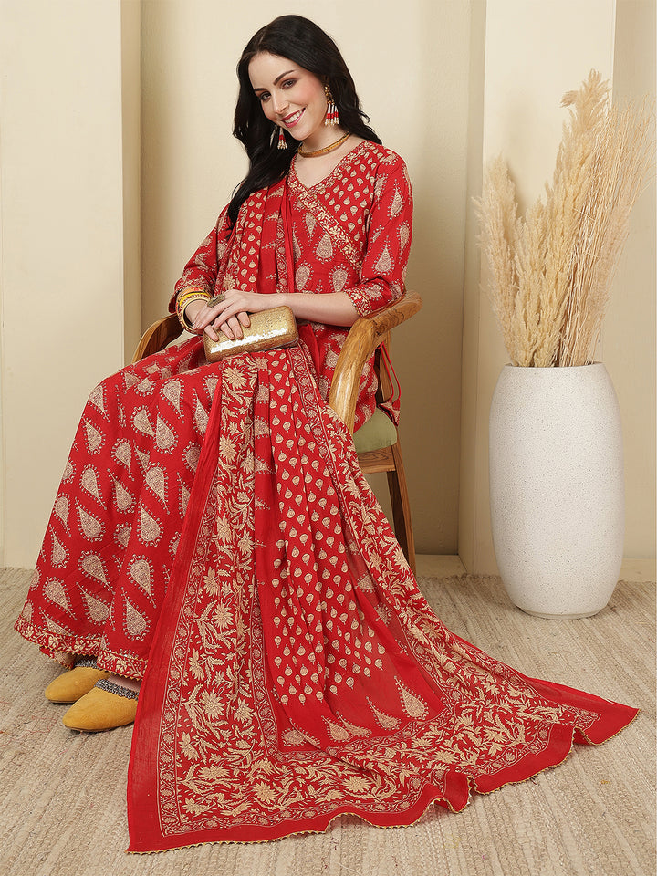 Women Cotton Printed Calf Length V-Neck Anarkali Kurta, Pants With Dupatta Set