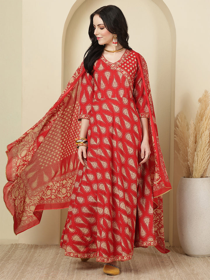 Women Cotton Printed Calf Length V-Neck Anarkali Kurta, Pants With Dupatta Set
