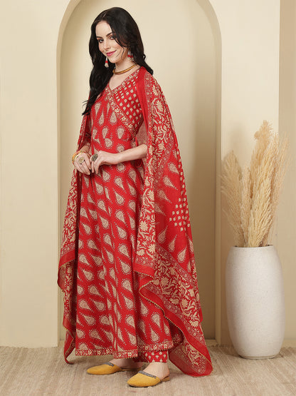 Women Cotton Printed Calf Length V-Neck Anarkali Kurta, Pants With Dupatta Set