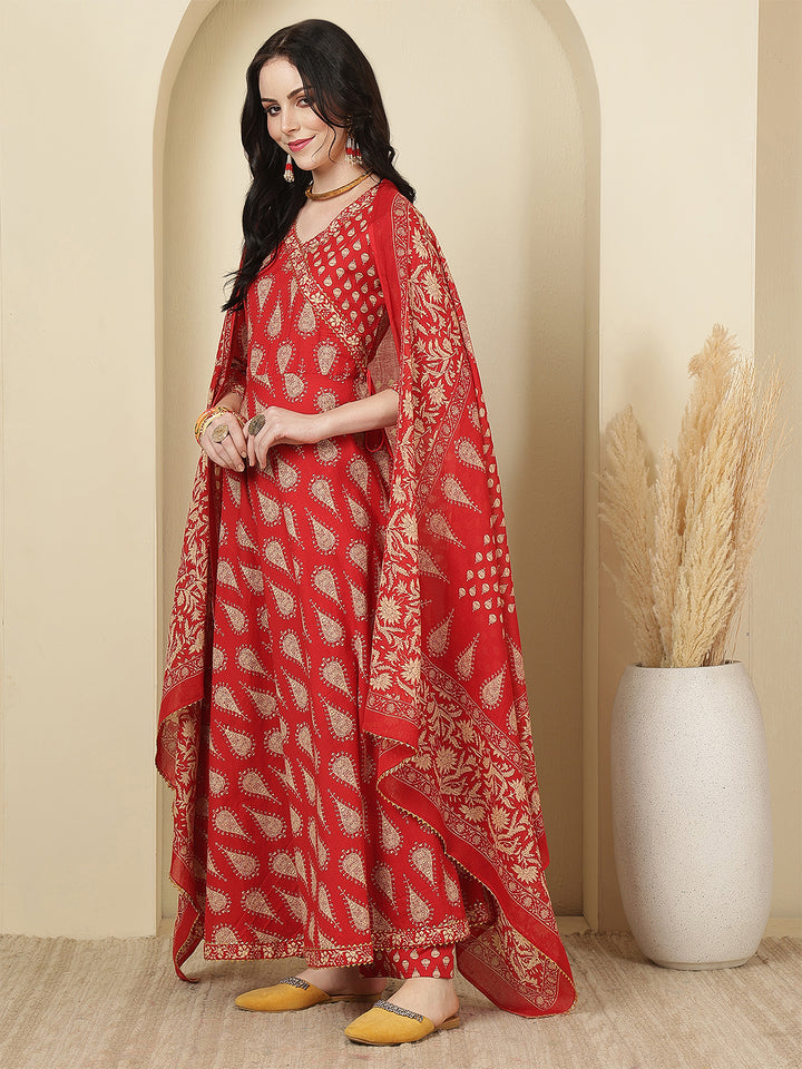 Women Cotton Printed Calf Length V-Neck Anarkali Kurta, Pants With Dupatta Set