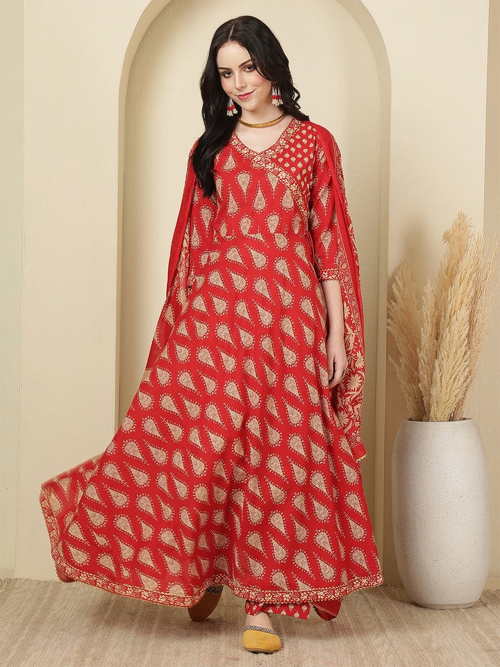 Women Cotton Printed Calf Length V-Neck Anarkali Kurta, Pants With Dupatta Set