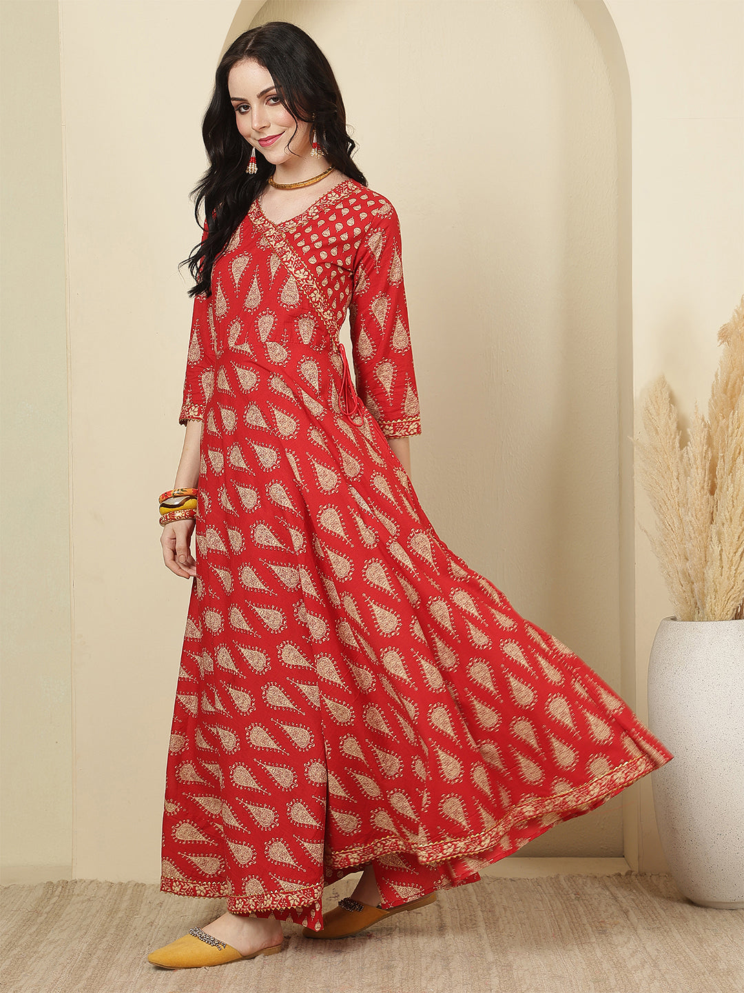 Women Cotton Printed Calf Length V-Neck Anarkali Kurta, Pants With Dupatta Set