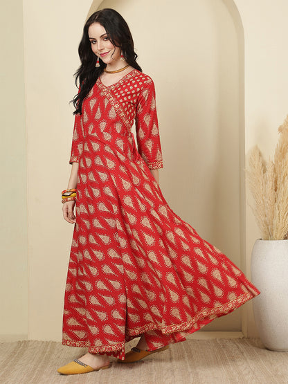 Women Cotton Printed Calf Length V-Neck Anarkali Kurta, Pants With Dupatta Set
