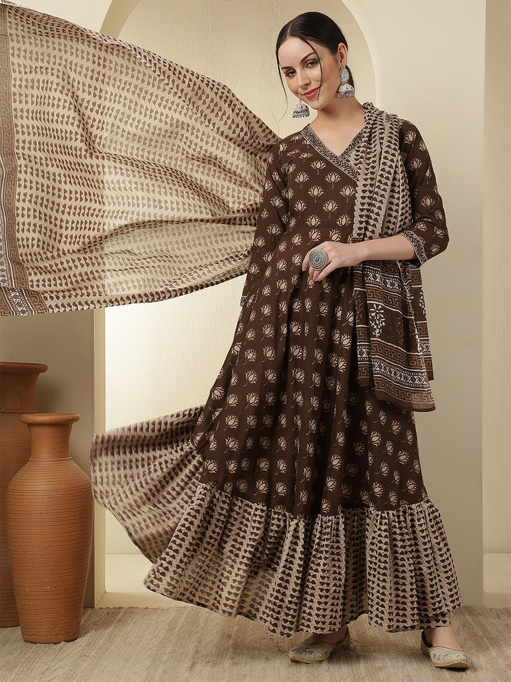 Women Cotton Printed Calf Length V-Neck Flared Kurta, Pants With Dupatta Set