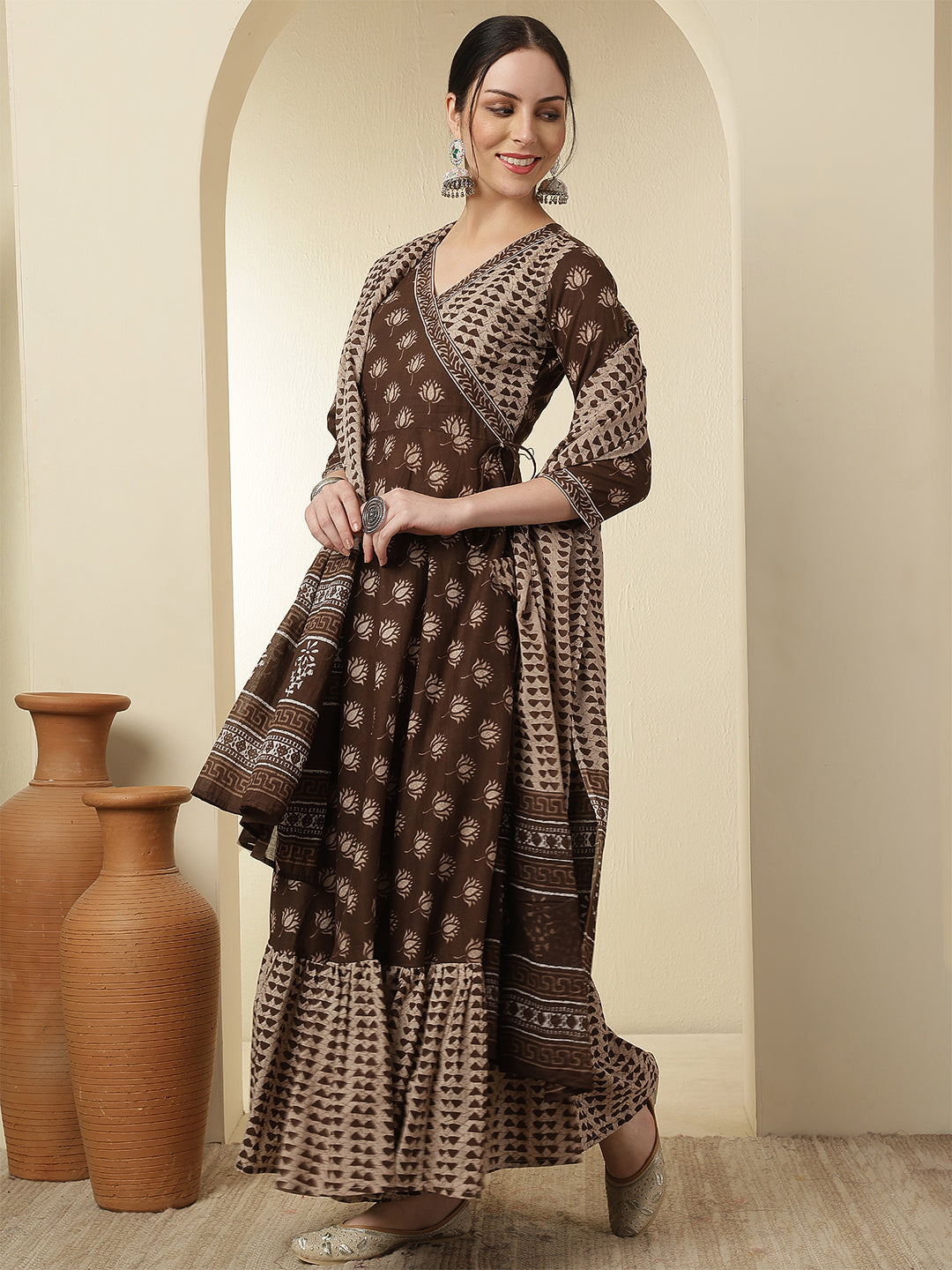 Women Cotton Printed Calf Length V-Neck Flared Kurta, Pants With Dupatta Set