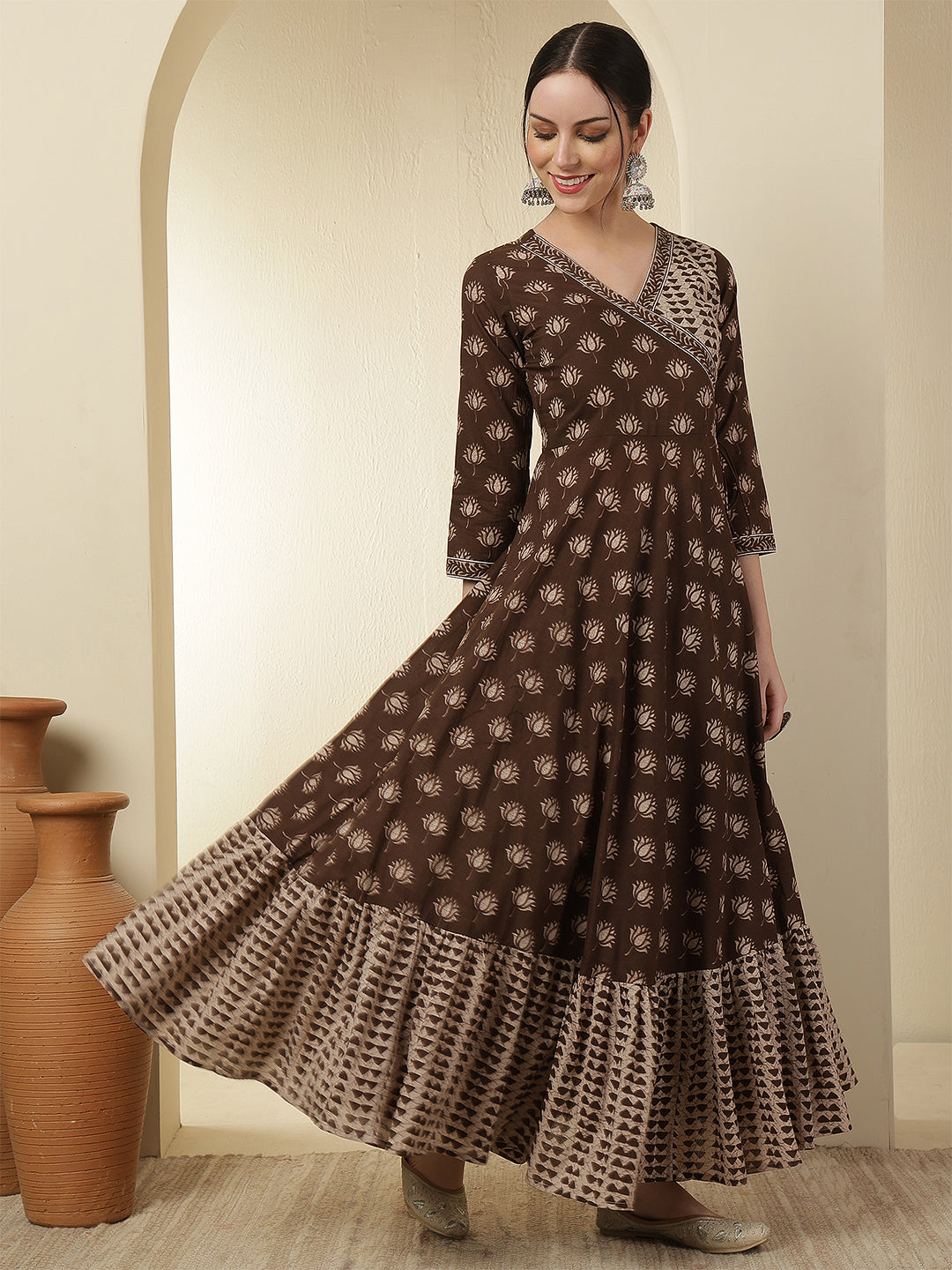 Women Cotton Printed Calf Length V-Neck Flared Kurta, Pants With Dupatta Set