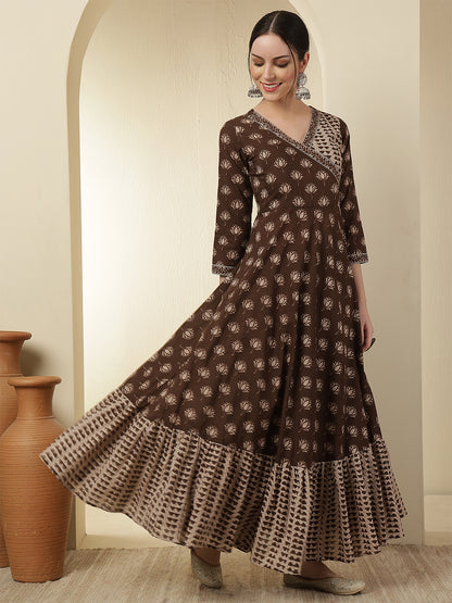 Women Cotton Printed Calf Length V-Neck Flared Kurta, Pants With Dupatta Set