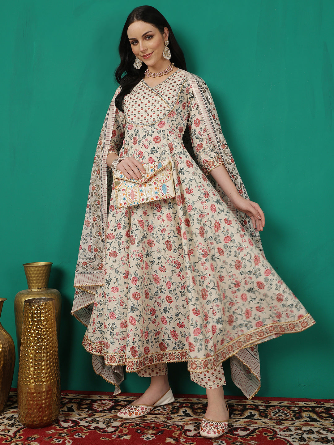 Women Cotton Printed Calf Length V-Neck Flared Kurta, Pants With Dupatta Set