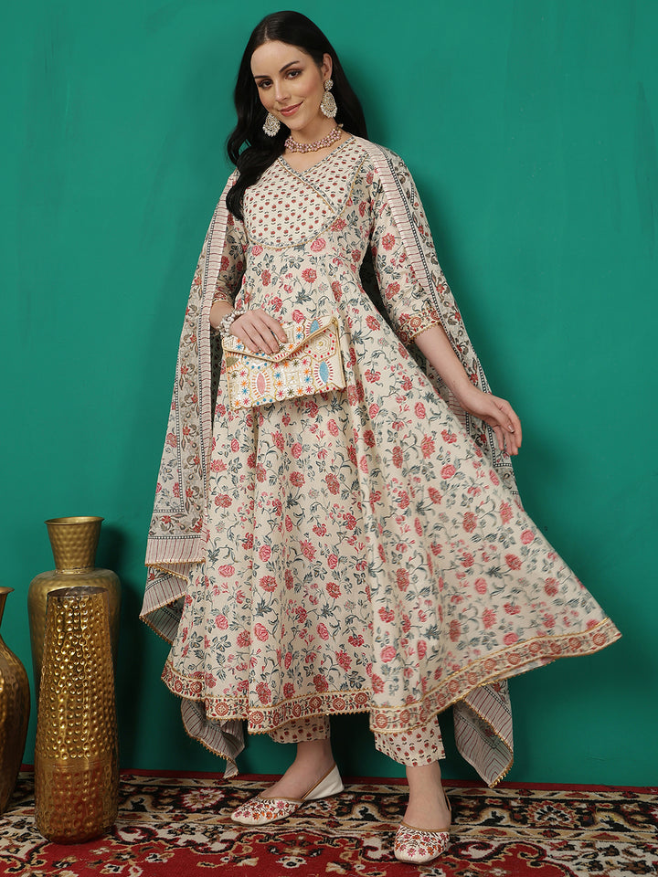 Women Cotton Printed Calf Length V-Neck Flared Kurta, Pants With Dupatta Set