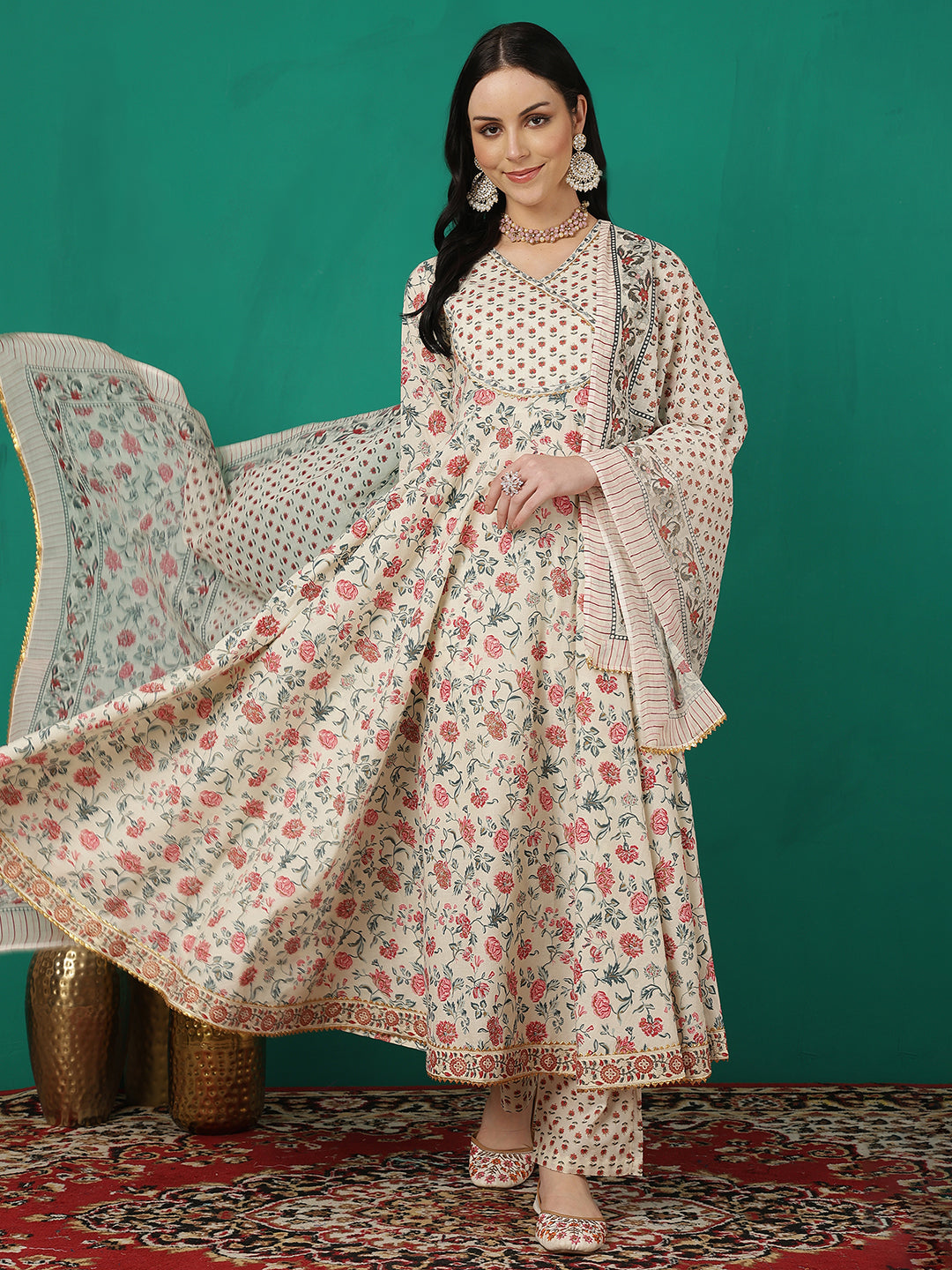Women Cotton Printed Calf Length V-Neck Flared Kurta, Pants With Dupatta Set