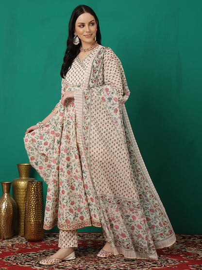 Women Cotton Printed Calf Length V-Neck Flared Kurta, Pants With Dupatta Set