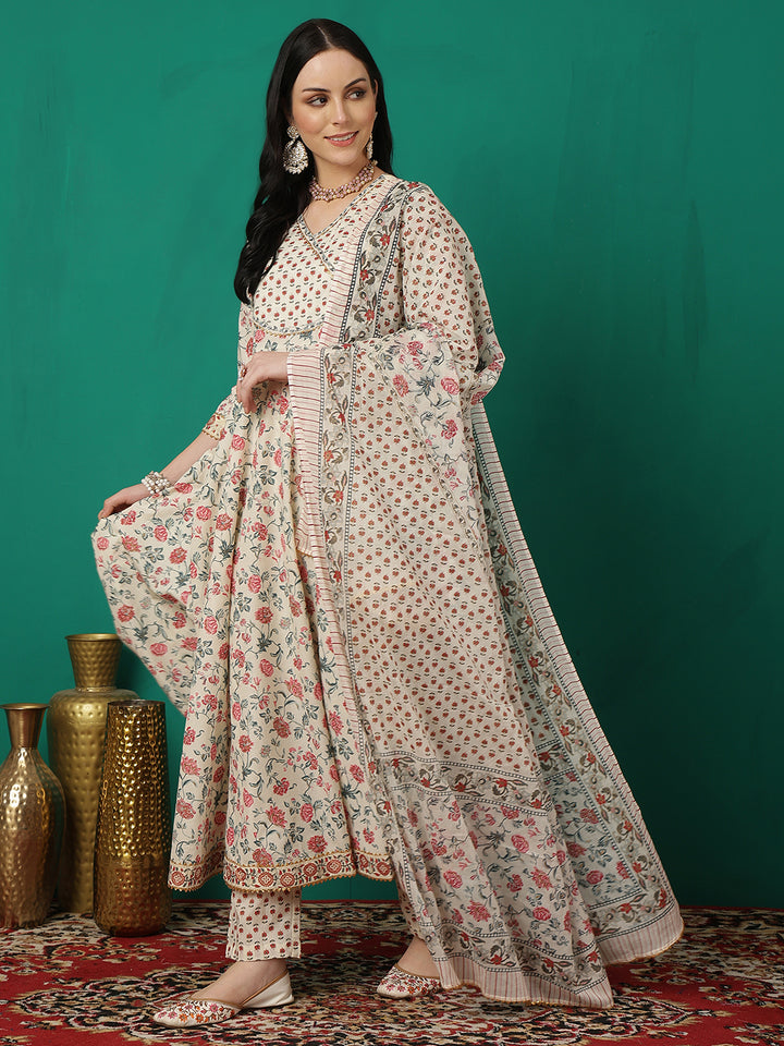 Women Cotton Printed Calf Length V-Neck Flared Kurta, Pants With Dupatta Set