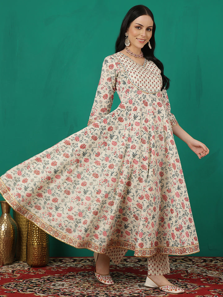 Women Cotton Printed Calf Length V-Neck Flared Kurta, Pants With Dupatta Set