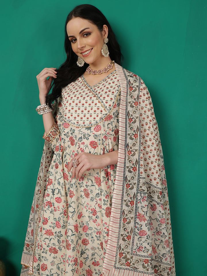 Women Cotton Printed Calf Length V-Neck Flared Kurta, Pants With Dupatta Set