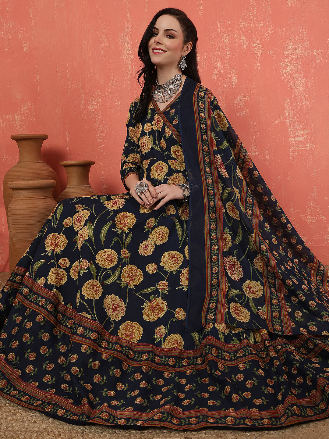 Women Cotton Printed Calf Length V-Neck Anarkali Kurta, Pants With Dupatta Set
