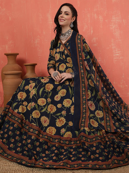 Women Cotton Printed Calf Length V-Neck Anarkali Kurta, Pants With Dupatta Set