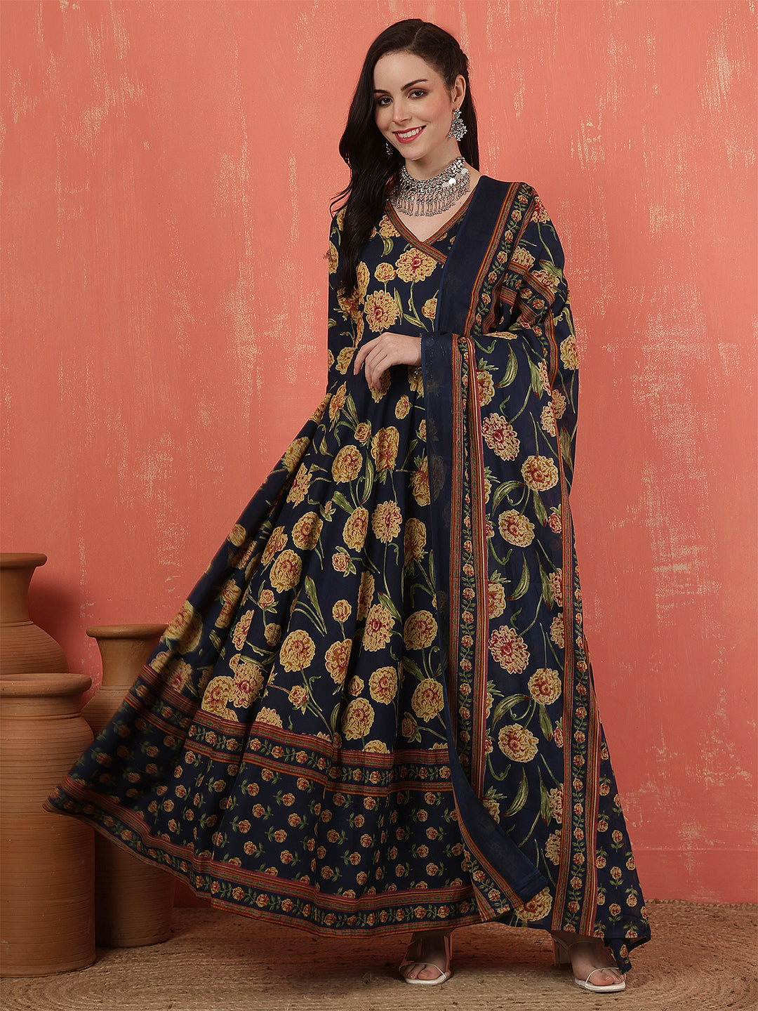 Women Cotton Printed Calf Length V-Neck Anarkali Kurta, Pants With Dupatta Set