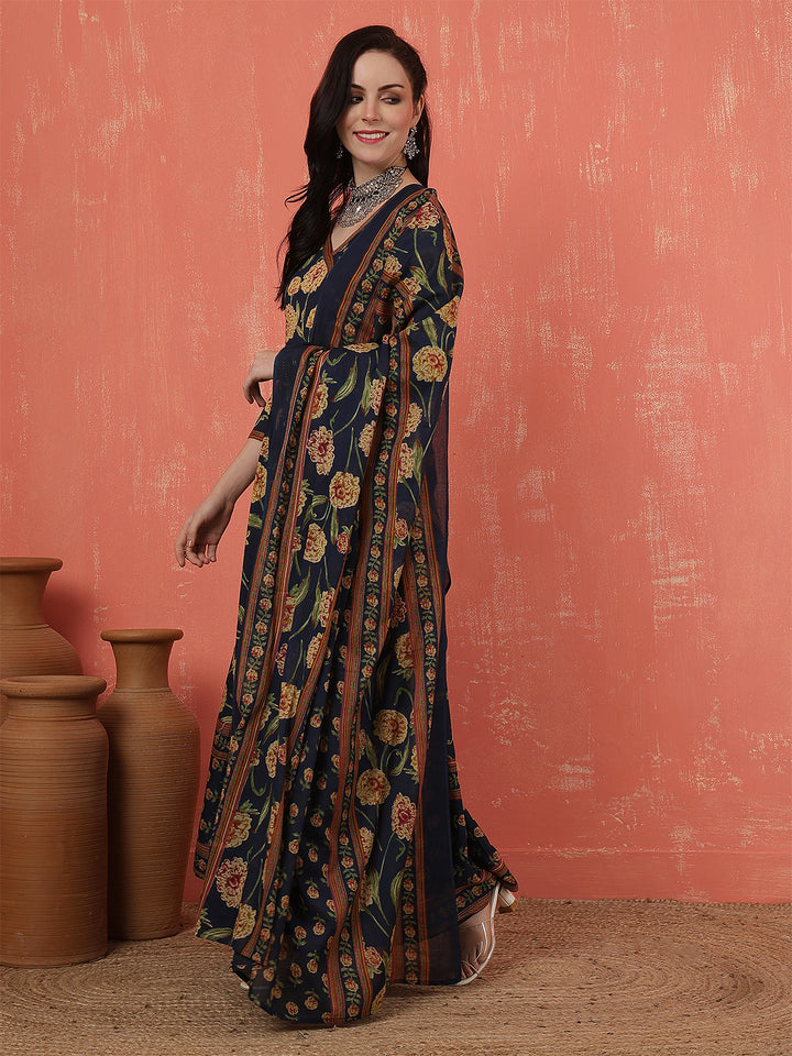 Women Cotton Printed Calf Length V-Neck Anarkali Kurta, Pants With Dupatta Set