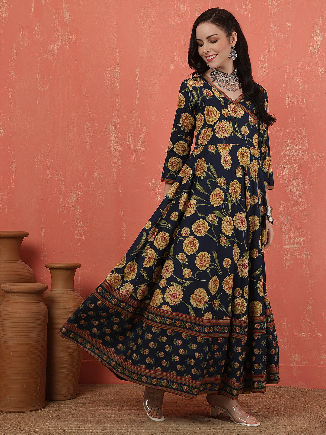 Women Cotton Printed Calf Length V-Neck Anarkali Kurta, Pants With Dupatta Set