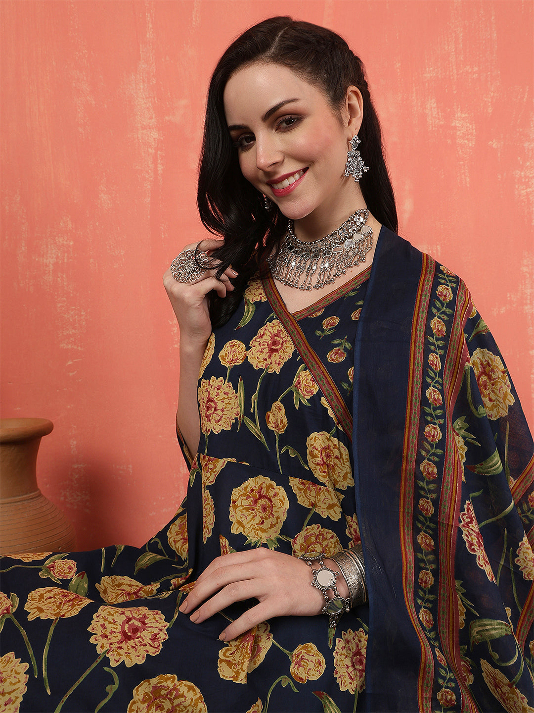 Women Cotton Printed Calf Length V-Neck Anarkali Kurta, Pants With Dupatta Set