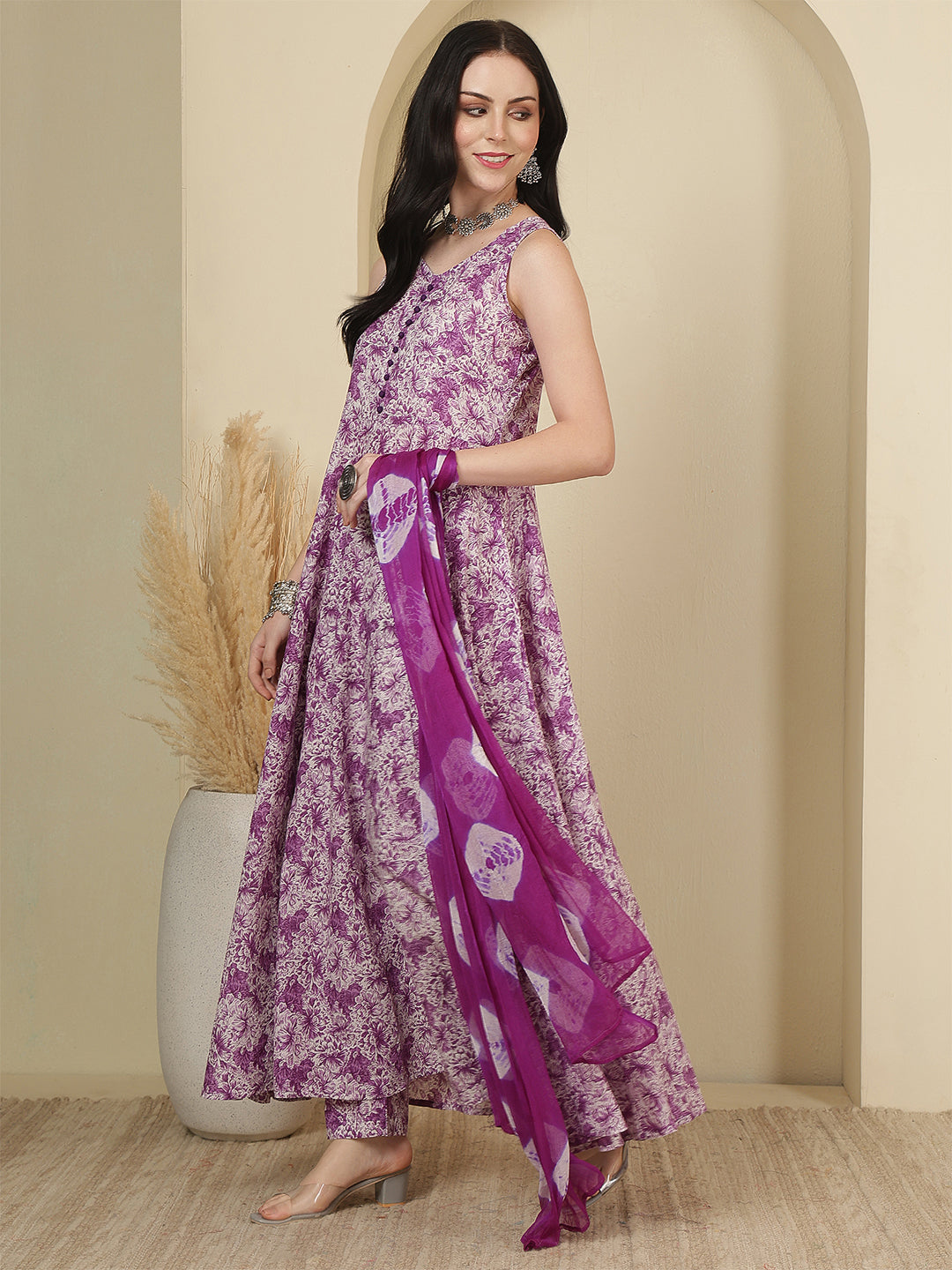 Women Rayon Printed Calf Length Round Neck Anarkali Kurta, Pants With Dupatta Set