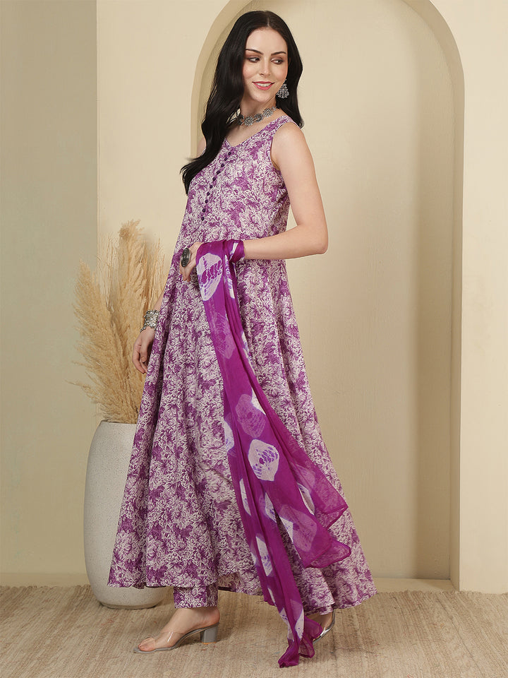 Women Rayon Printed Calf Length Round Neck Anarkali Kurta, Pants With Dupatta Set