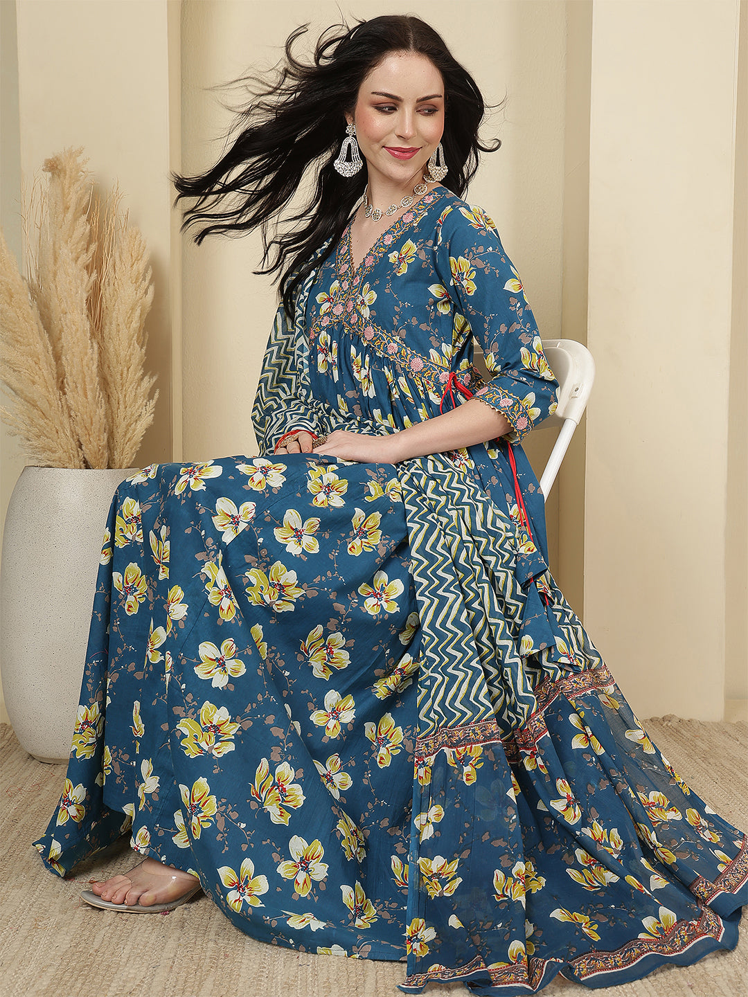 Women Cotton Printed Calf Length V-Neck Anarkali Kurta, Pants With Dupatta Set