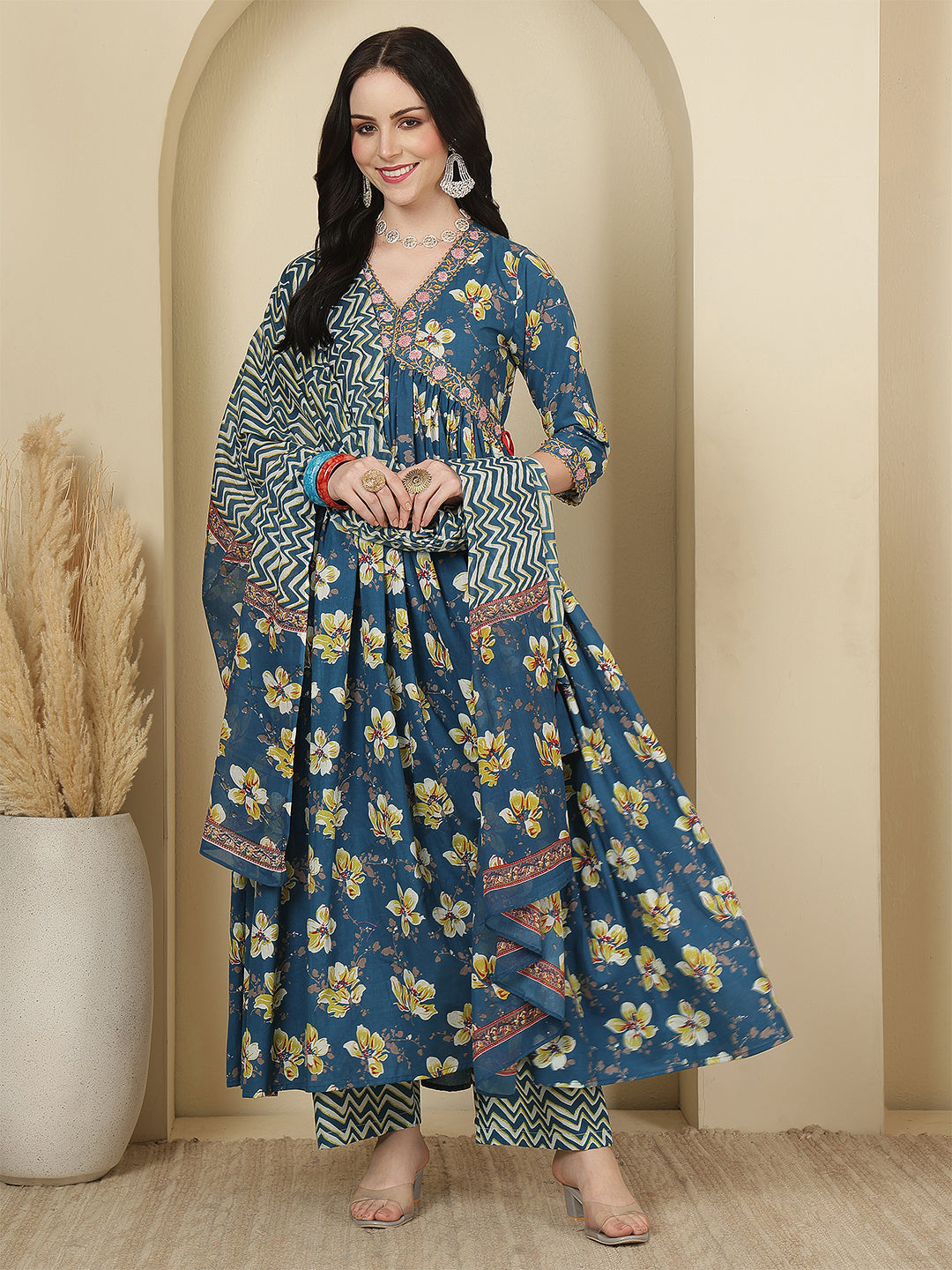 Women Cotton Printed Calf Length V-Neck Anarkali Kurta, Pants With Dupatta Set