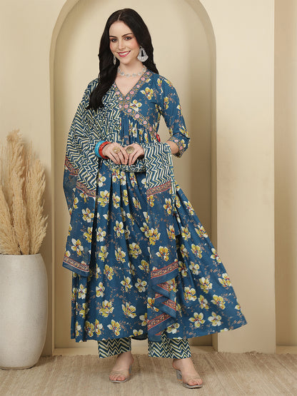 Women Cotton Printed Calf Length V-Neck Anarkali Kurta, Pants With Dupatta Set