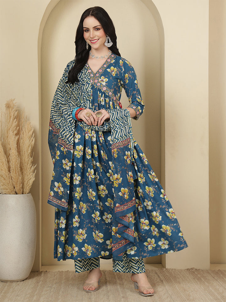 Women Cotton Printed Calf Length V-Neck Anarkali Kurta, Pants With Dupatta Set
