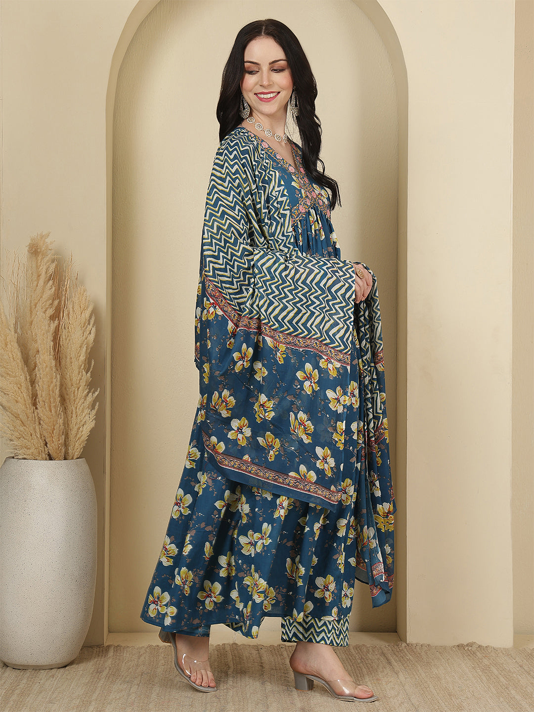 Women Cotton Printed Calf Length V-Neck Anarkali Kurta, Pants With Dupatta Set
