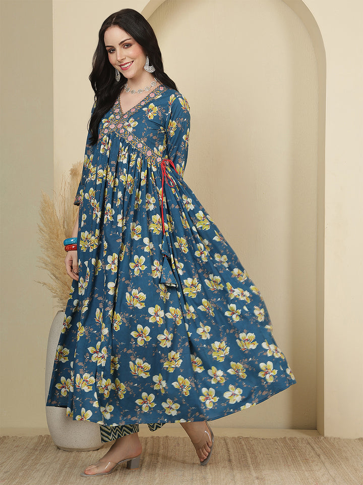Women Cotton Printed Calf Length V-Neck Anarkali Kurta, Pants With Dupatta Set