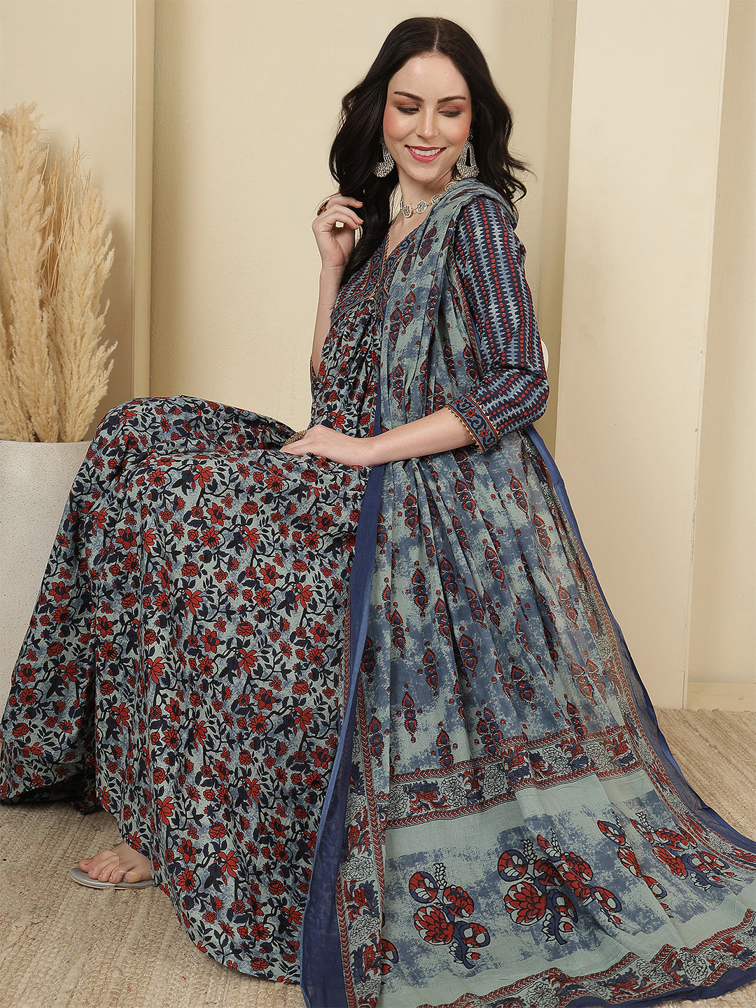 Women Cotton Printed Calf Length V-Neck Tiered Kurta, Pants With Dupatta Set