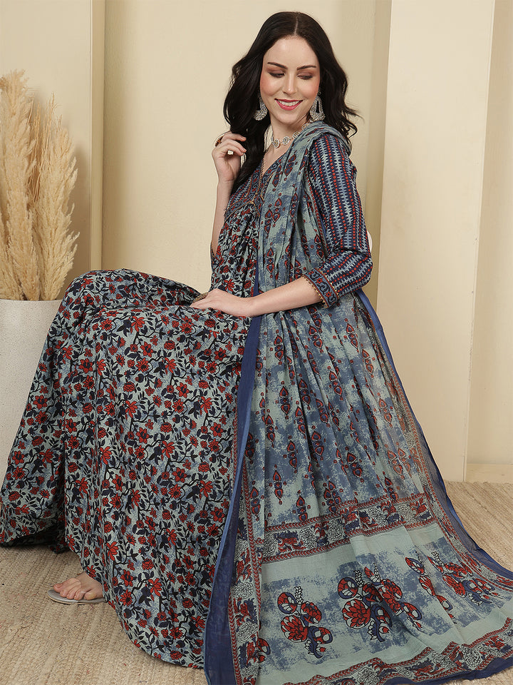 Women Cotton Printed Calf Length V-Neck Tiered Kurta, Pants With Dupatta Set