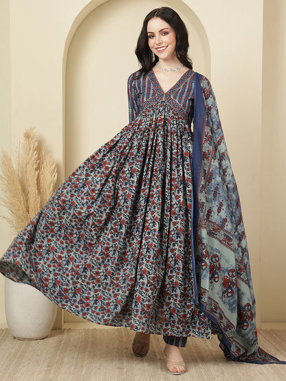 Women Cotton Printed Calf Length V-Neck Tiered Kurta, Pants With Dupatta Set