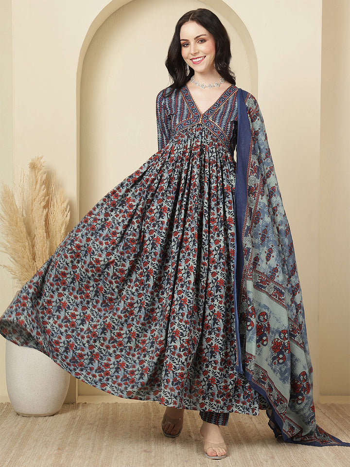 Women Cotton Printed Calf Length V-Neck Tiered Kurta, Pants With Dupatta Set