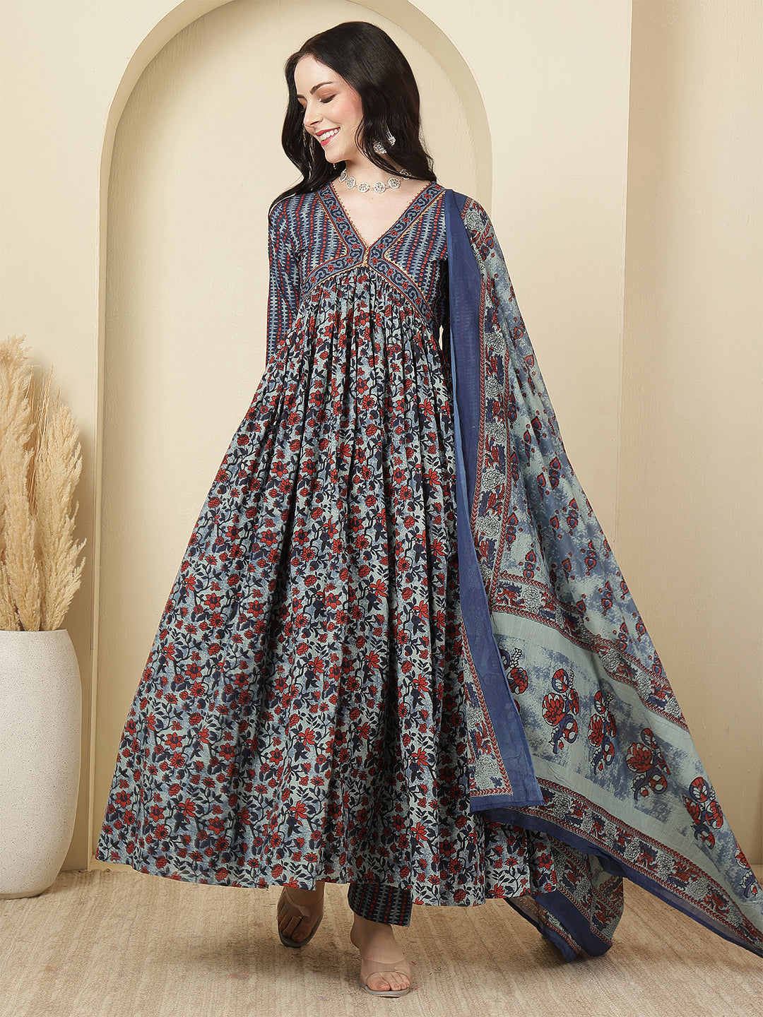 Women Cotton Printed Calf Length V-Neck Tiered Kurta, Pants With Dupatta Set