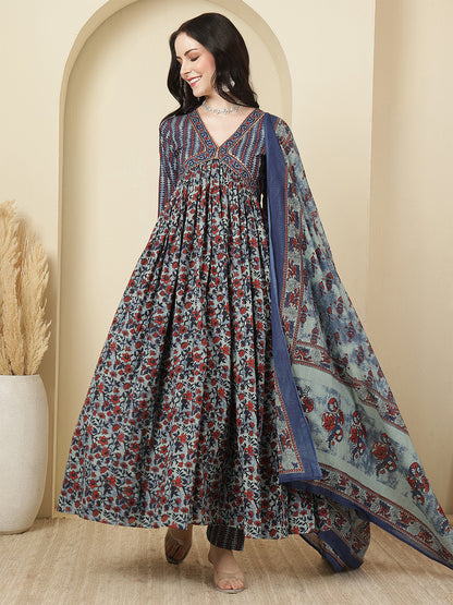 Women Cotton Printed Calf Length V-Neck Tiered Kurta, Pants With Dupatta Set