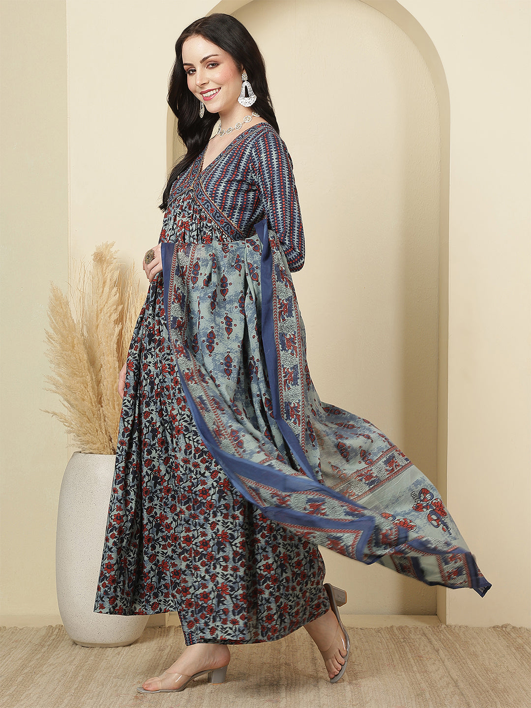 Women Cotton Printed Calf Length V-Neck Tiered Kurta, Pants With Dupatta Set