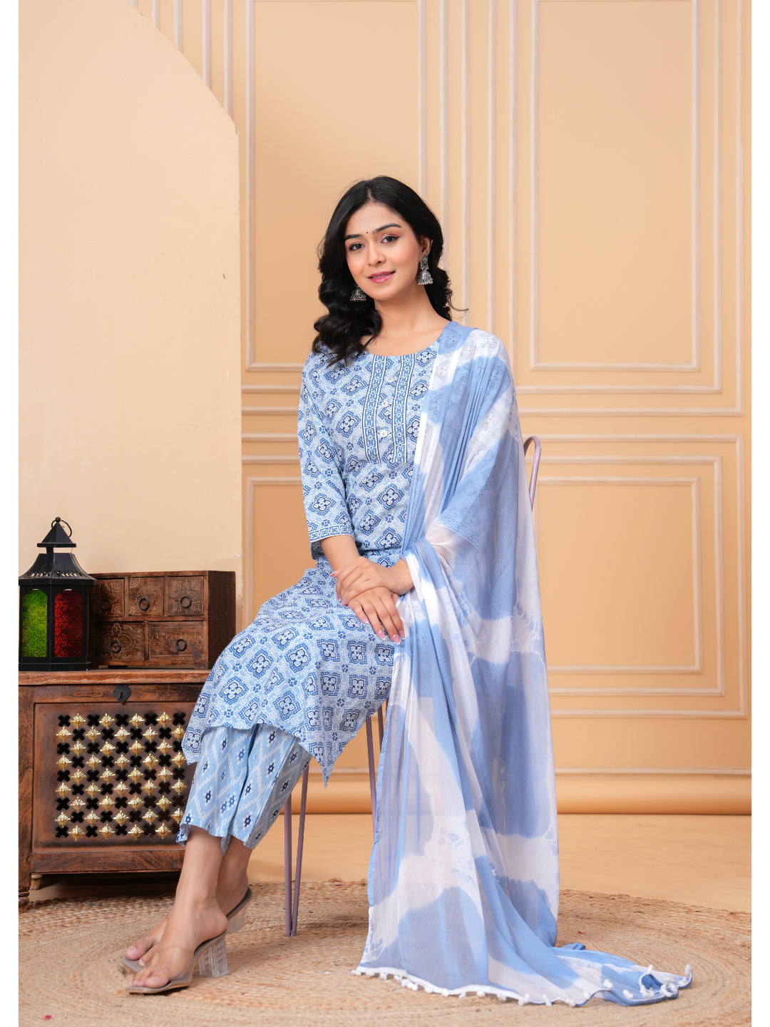 Women Cotton Printed Calf Length Round Neck Straight Kurta, Pants With Dupatta Set