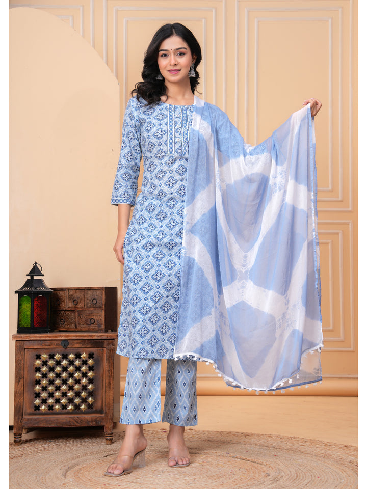 Women Cotton Printed Calf Length Round Neck Straight Kurta, Pants With Dupatta Set