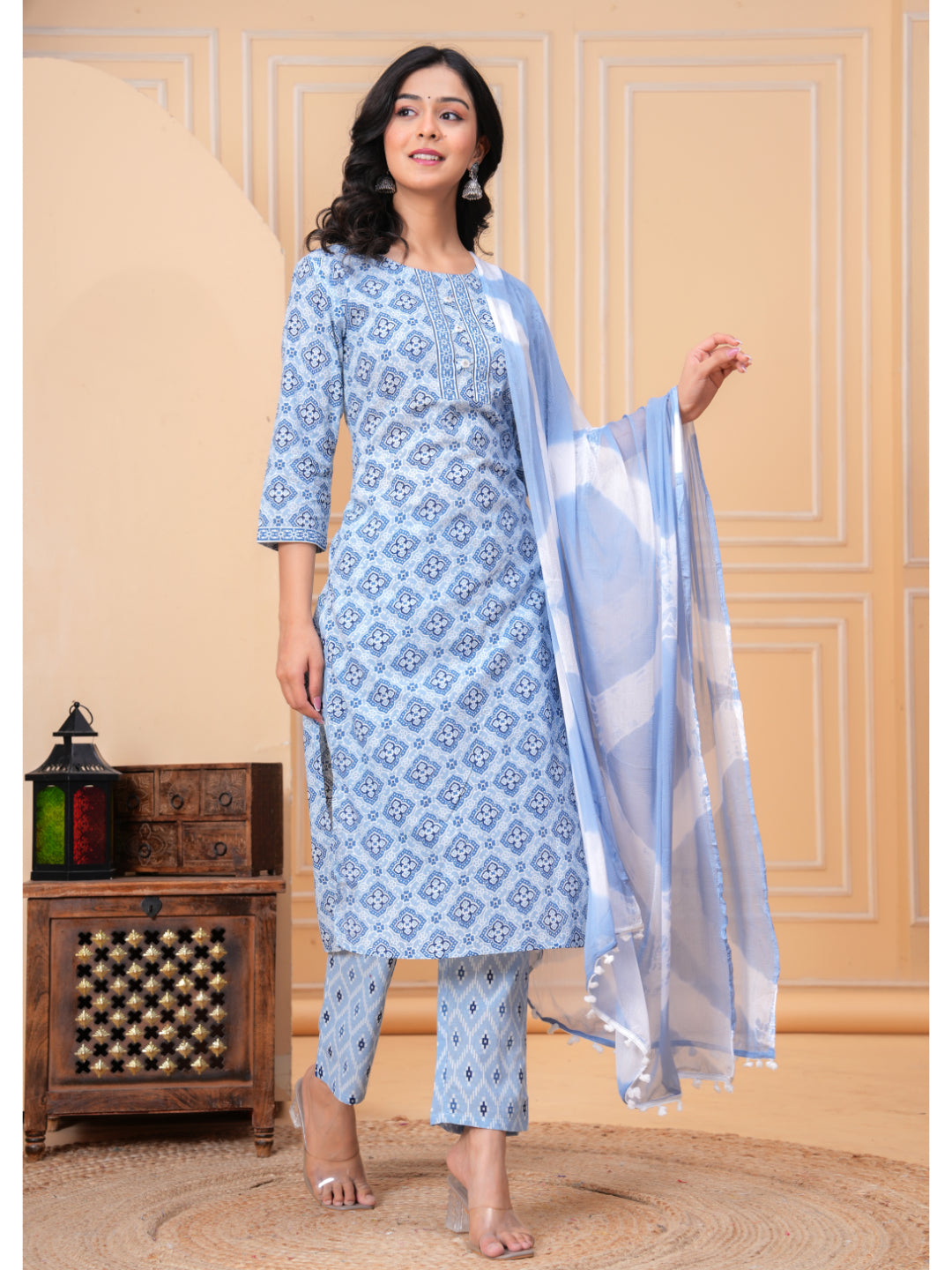 Women Cotton Printed Calf Length Round Neck Straight Kurta, Pants With Dupatta Set