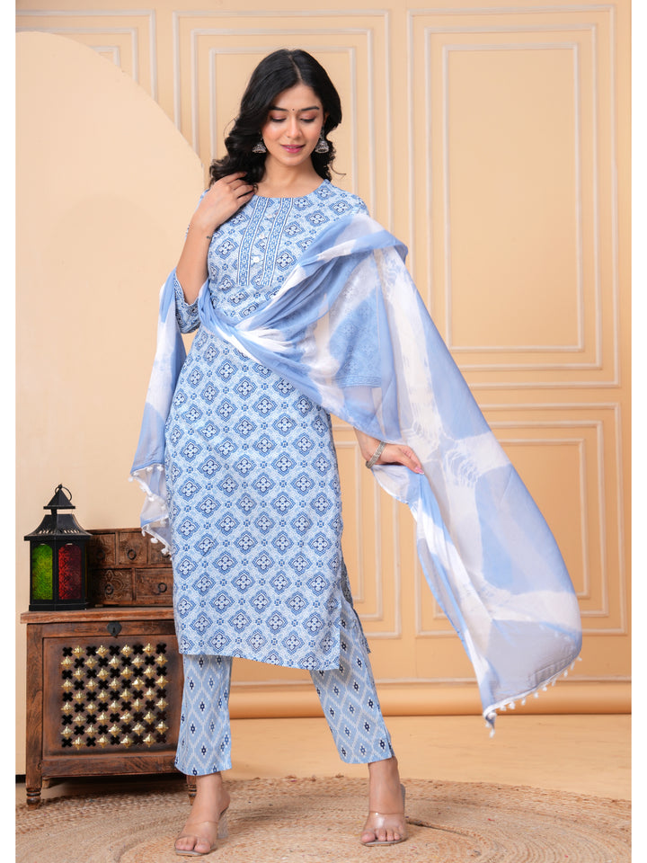 Women Cotton Printed Calf Length Round Neck Straight Kurta, Pants With Dupatta Set
