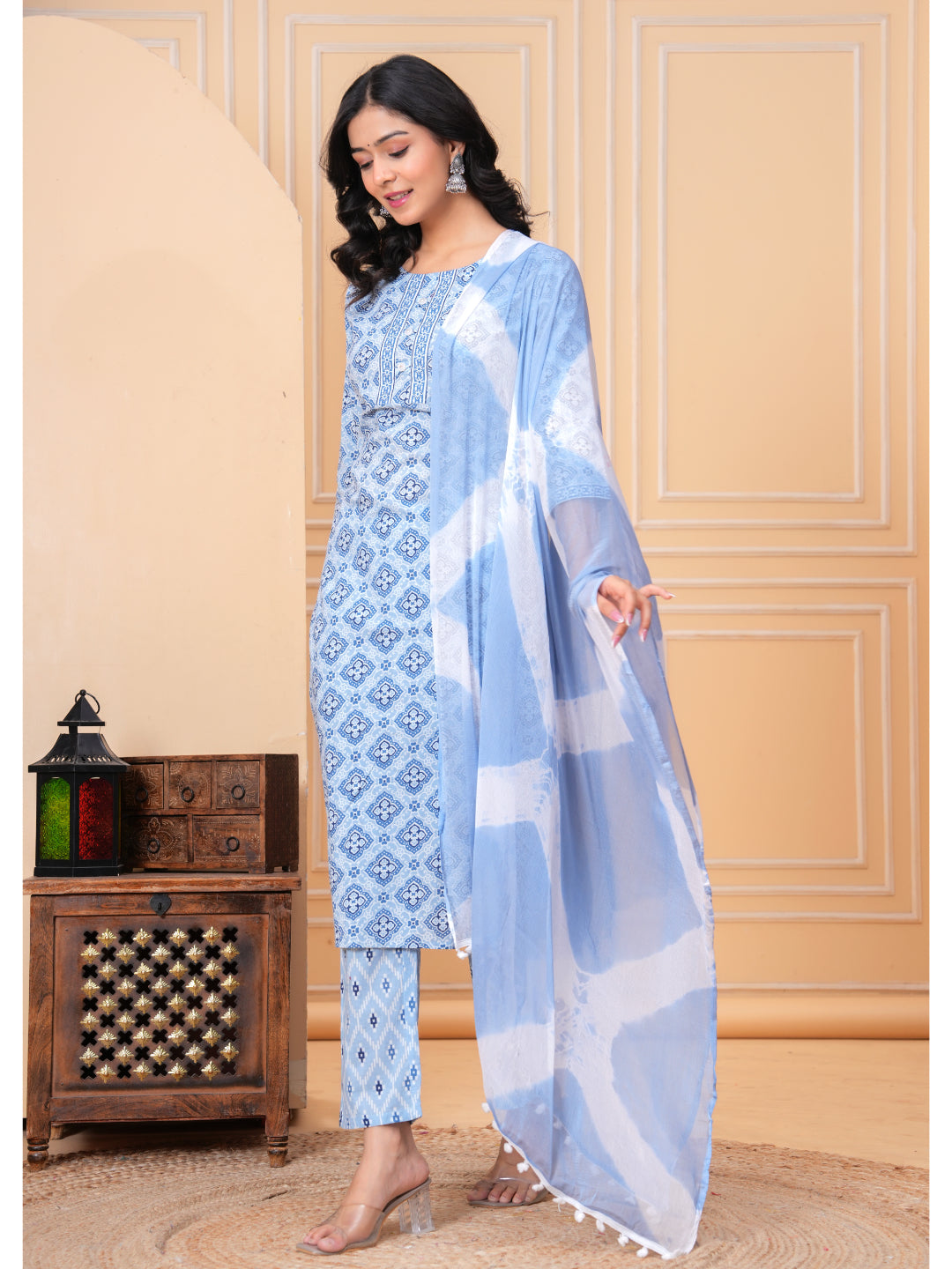 Women Cotton Printed Calf Length Round Neck Straight Kurta, Pants With Dupatta Set