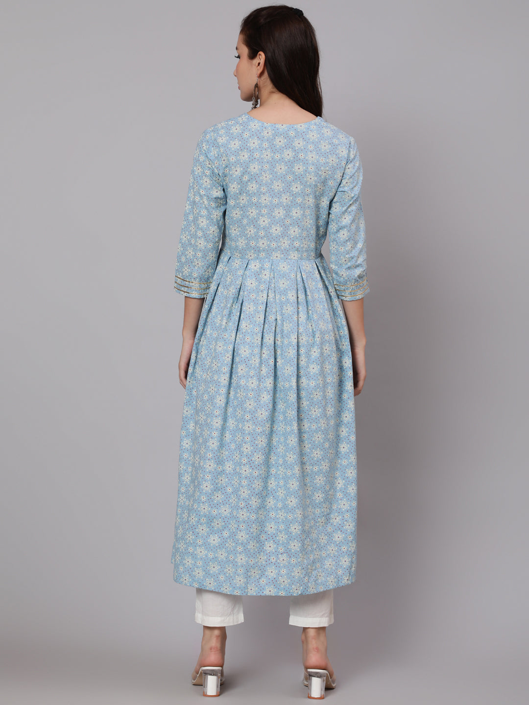 Cotton Calf Length Flared 3/4 Sleeve Round Neck Printed Kurta