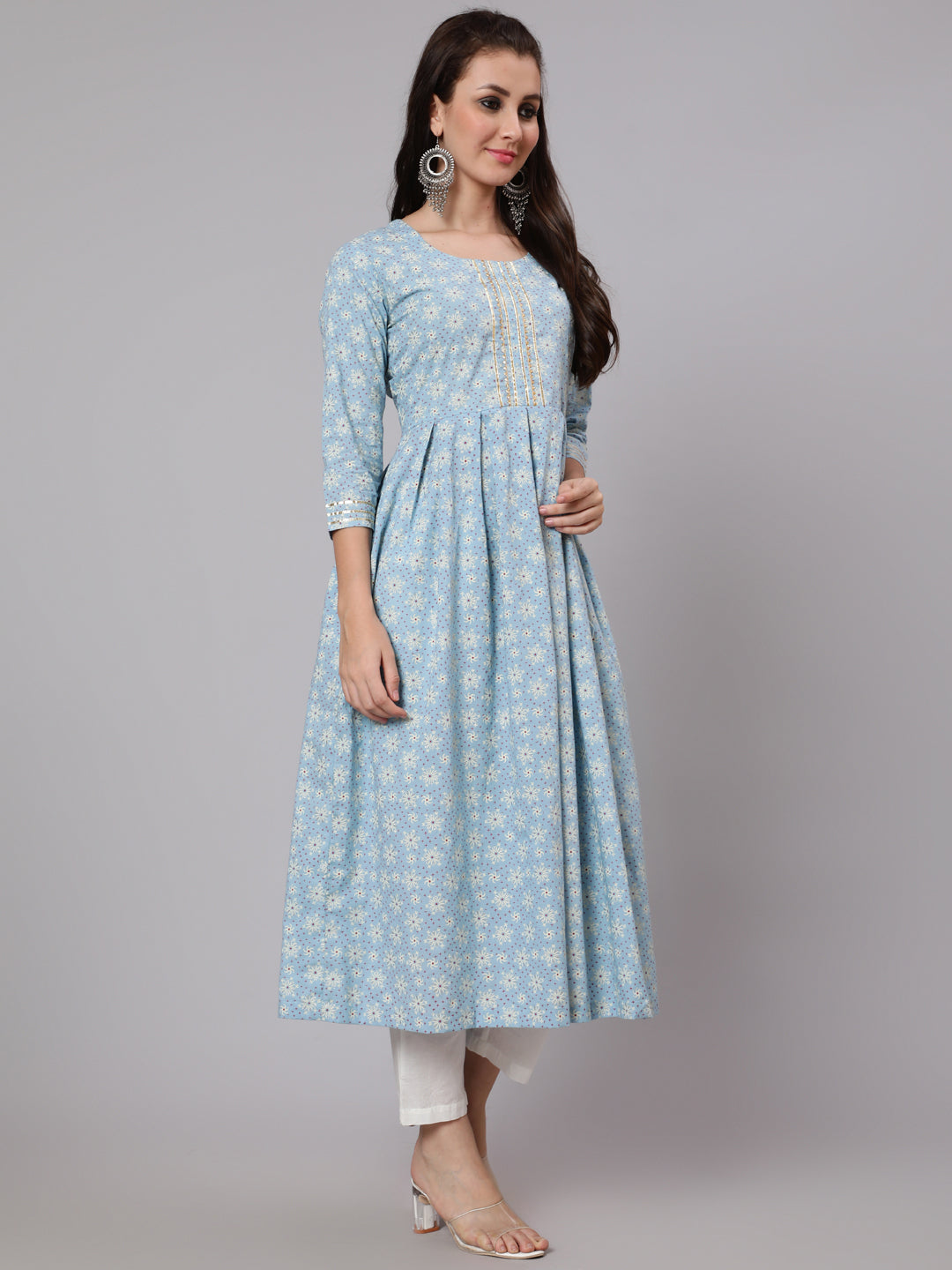 Cotton Calf Length Flared 3/4 Sleeve Round Neck Printed Kurta
