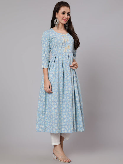 Cotton Calf Length Flared 3/4 Sleeve Round Neck Printed Kurta